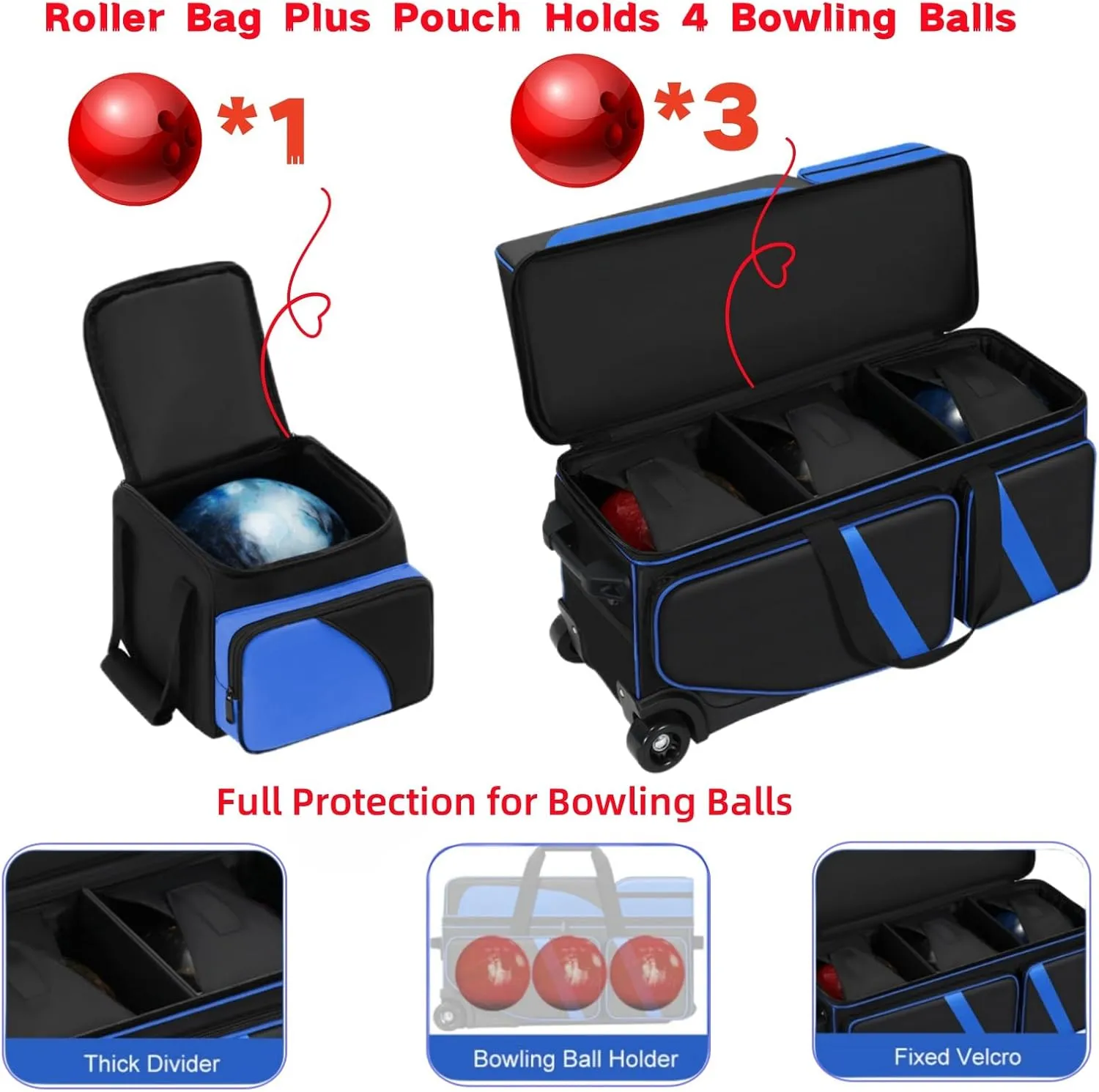 4 Ball Bowling Bags with Wheels, Bowling Ball Bag with Multi-Pockets,4 Ball Bowling Bag with Secure Buckle Fixed Ball Cup & Shoe Compartment,3 Ball Bowling Bag 1 Ball Color Matching Add On Tote