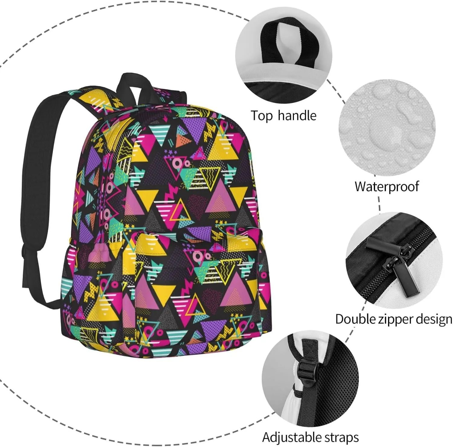 80S 90S Geometric Backpack School Bag Lightweight Bookbag Casual Daypack for Girls Boys Kids Women Men Travel Laptop 16 Inch