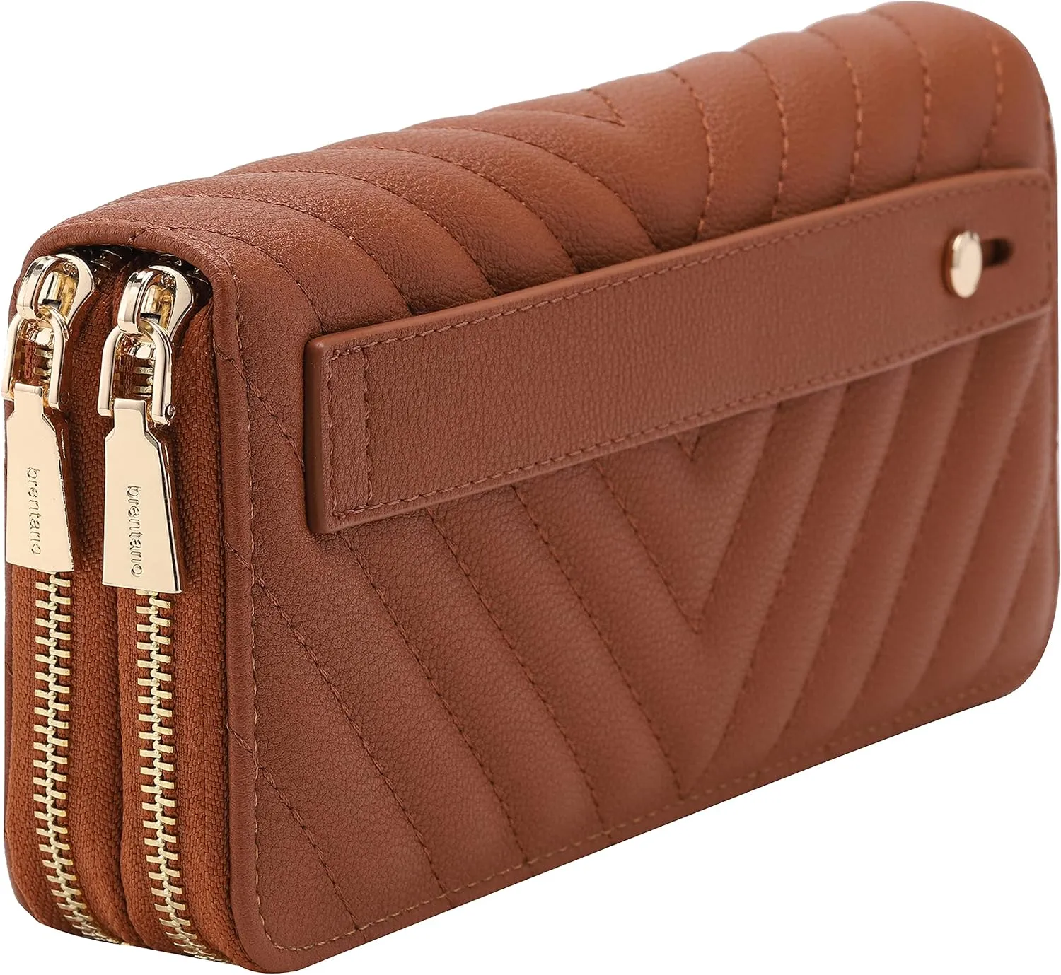 B BRENTANO Vegan Leather Double Zipper Pocket Wallet with Grip Hand Strap (Chevron Embroidered Brown)