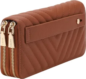 B BRENTANO Vegan Leather Double Zipper Pocket Wallet with Grip Hand Strap (Chevron Embroidered Brown)