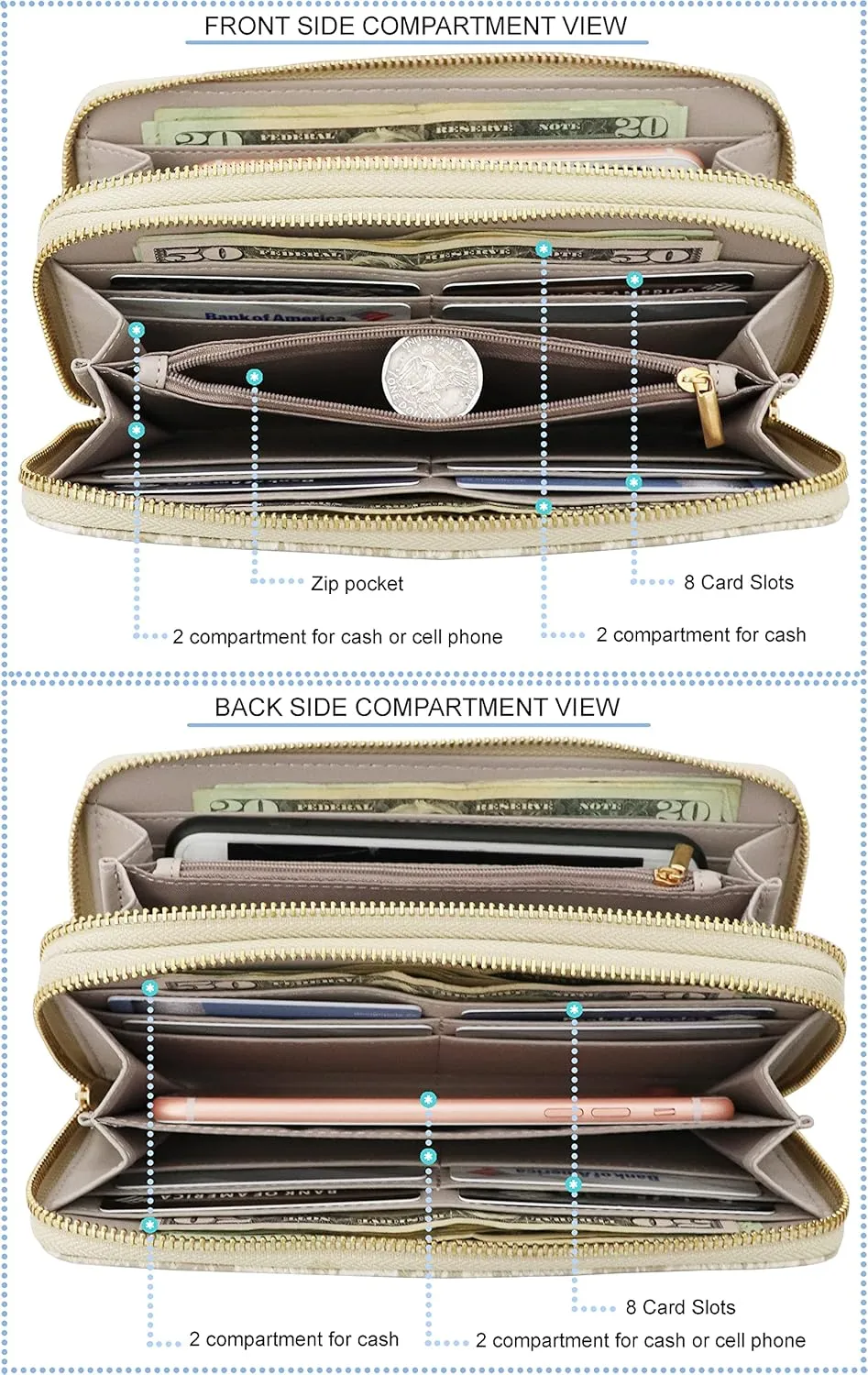 B BRENTANO Vegan Leather Double Zipper Pocket Wallet with Grip Hand Strap (Chevron Embroidered Brown)