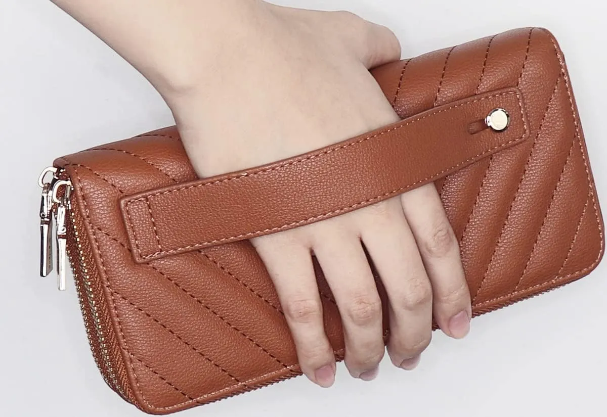 B BRENTANO Vegan Leather Double Zipper Pocket Wallet with Grip Hand Strap (Chevron Embroidered Brown)