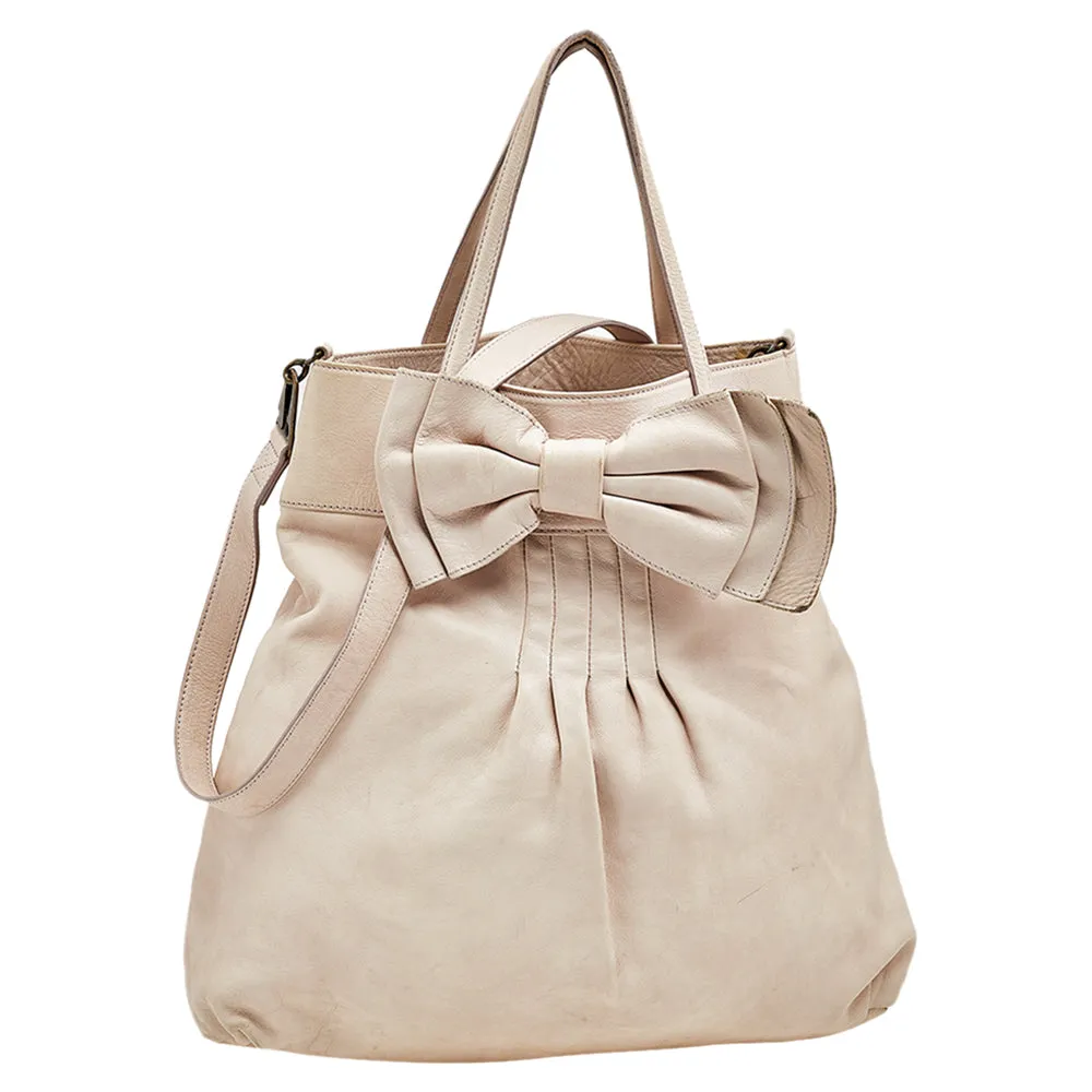 Beige Leather Bow Frame Satchel