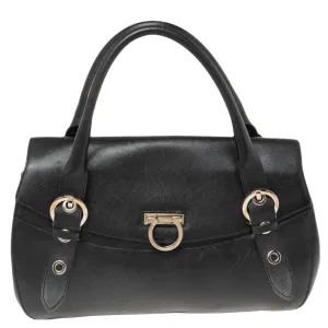 Black Leather Gancio Flap Satchel
