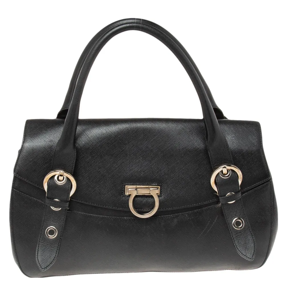 Black Leather Gancio Flap Satchel