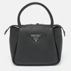 Black Vitello Leather Daino Top Zip Satchel