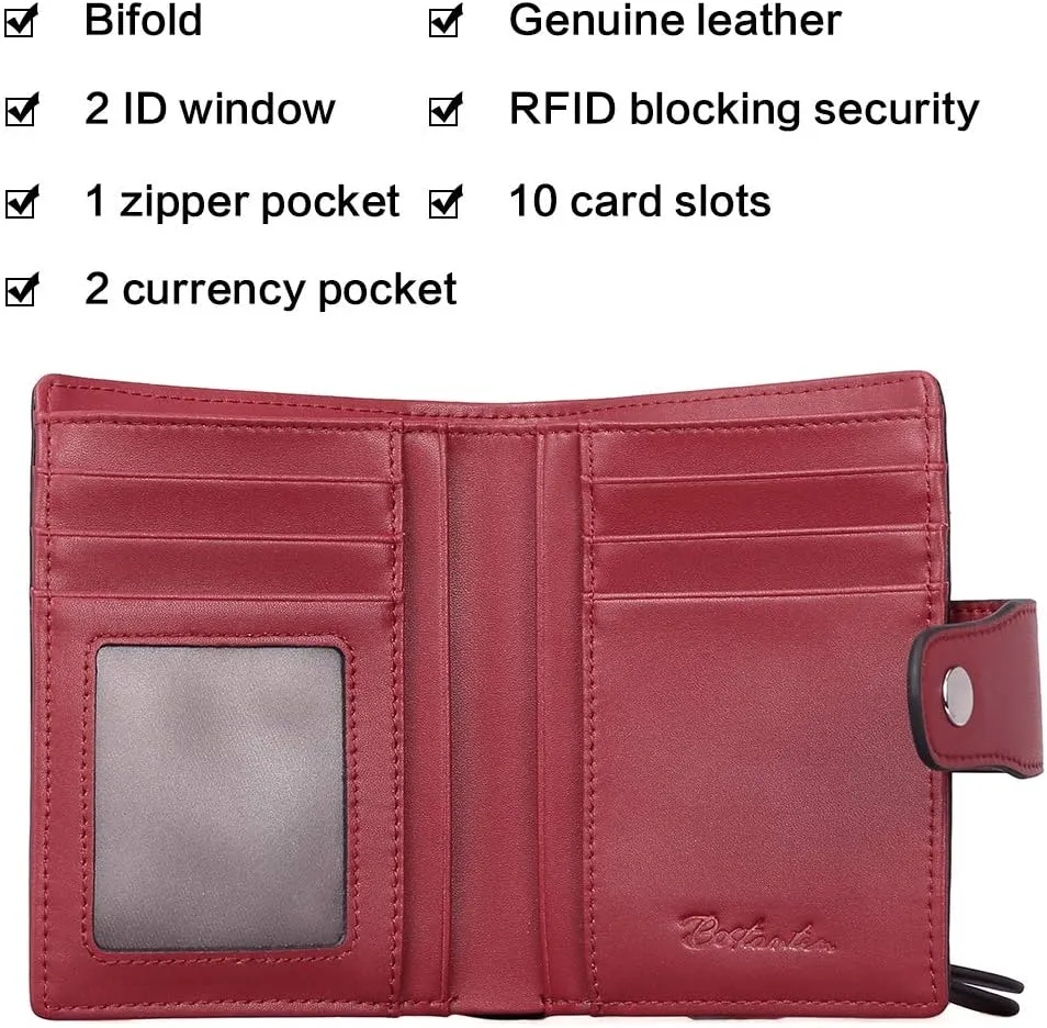 BOSTANTEN Women Leather Wallet RFID Blocking Small Bifold Zipper Pocket Wallet Card Case Purse with ID Window