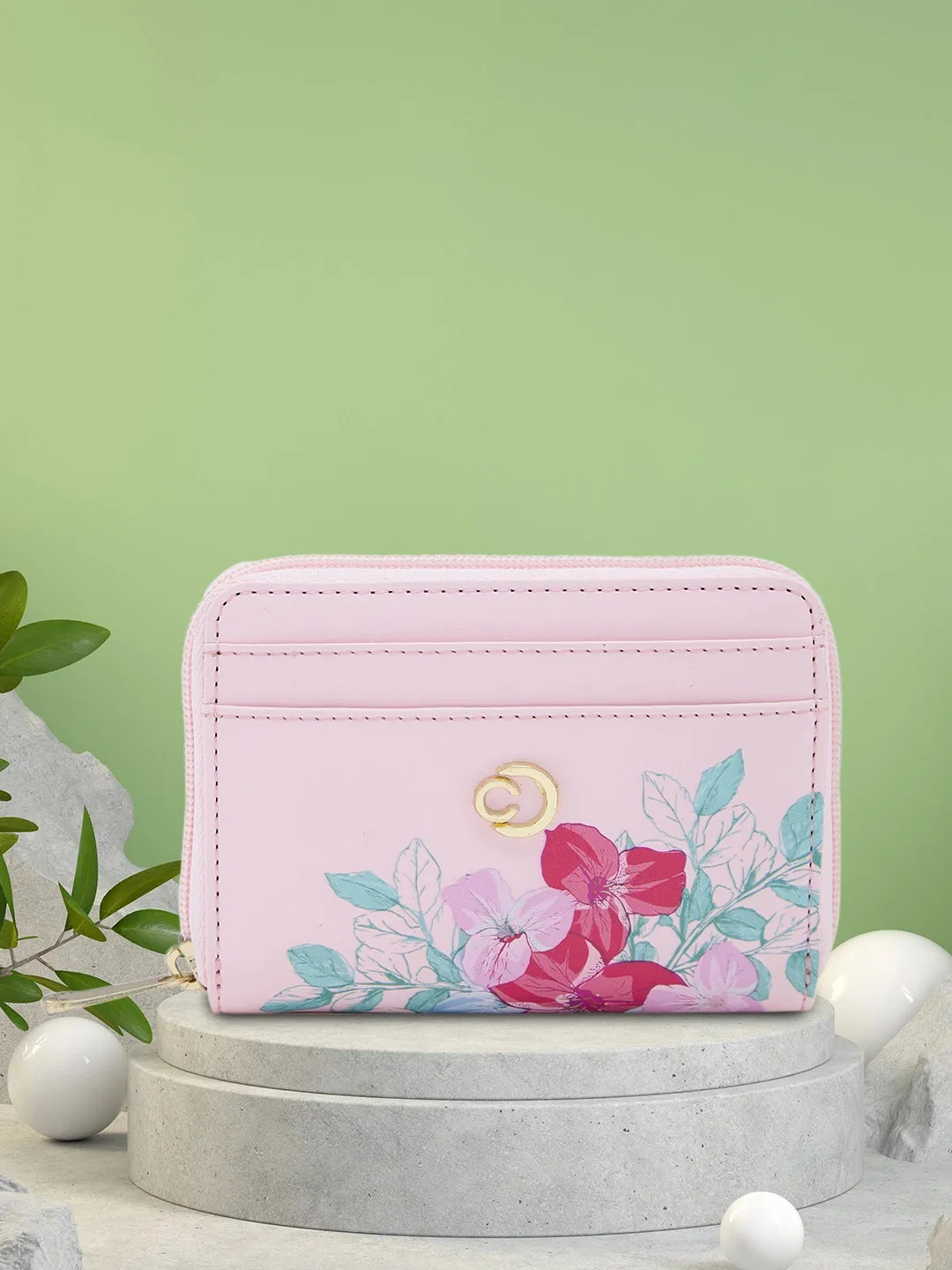 Caprese Shanaya Zip Around Printed Wallet Small Pink