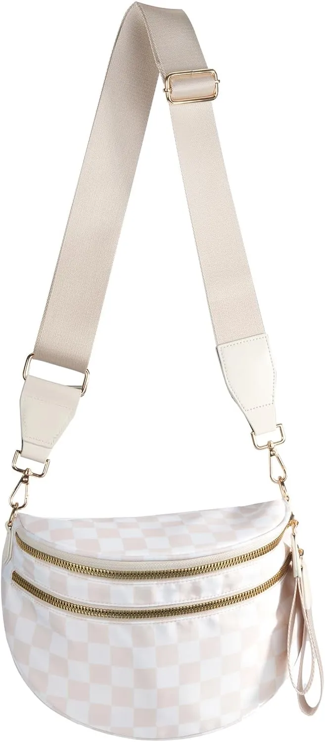 Checkered Crossbody Bags Bum Bag for Women Large Sling Bag Purse with Adjustable StrapBeige Checkered