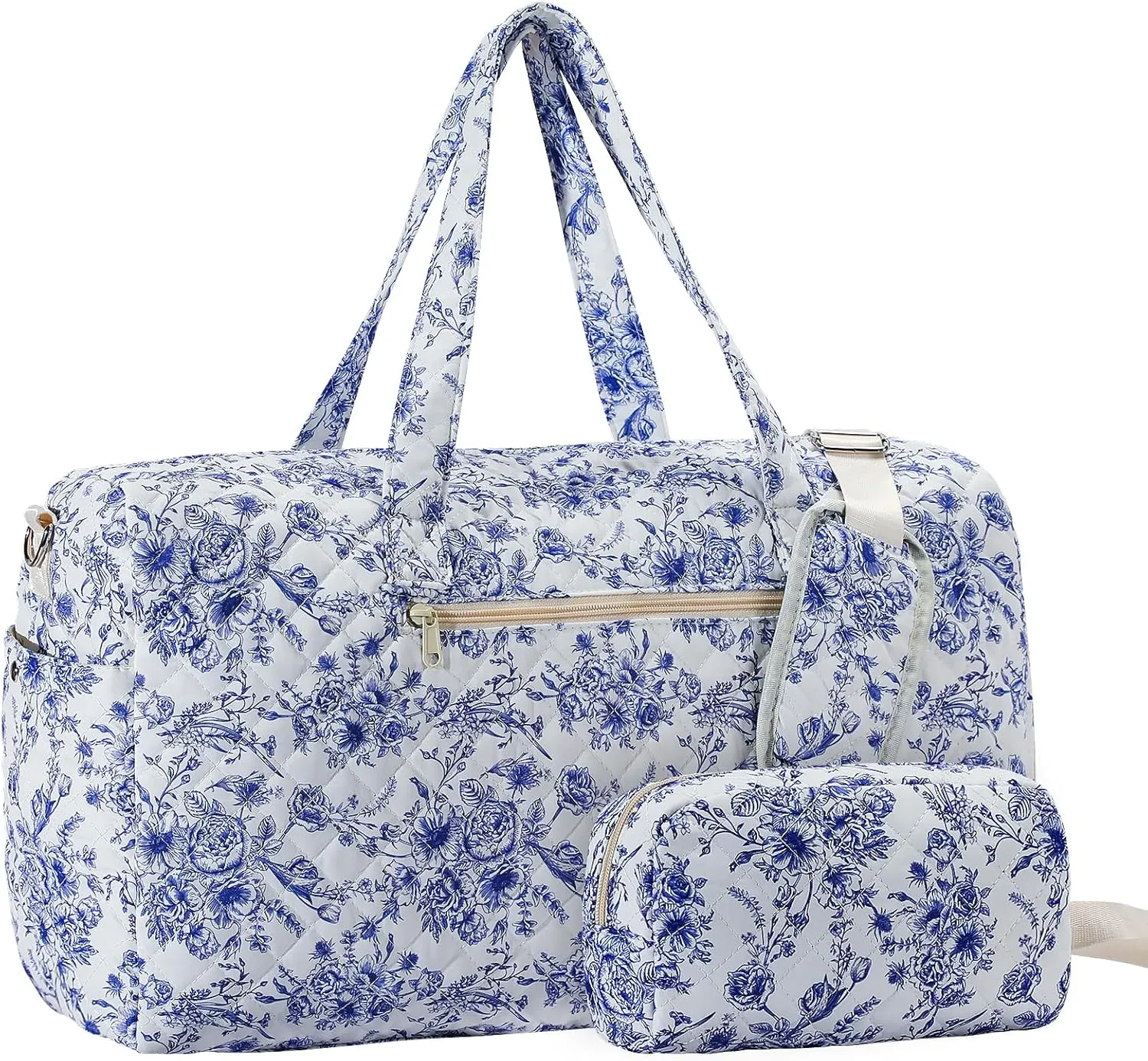 Chinoiserie Coastal grandma Quilted Duffle Bag Large blue Floral Portable Gym Lightweight Weekender Bag for Women with Makeup Pouch with Dry and Wet Separation for Women Travel Hospital