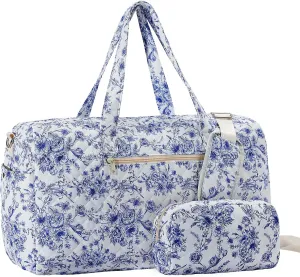 Chinoiserie Coastal grandma Quilted Duffle Bag Large blue Floral Portable Gym Lightweight Weekender Bag for Women with Makeup Pouch with Dry and Wet Separation for Women Travel Hospital