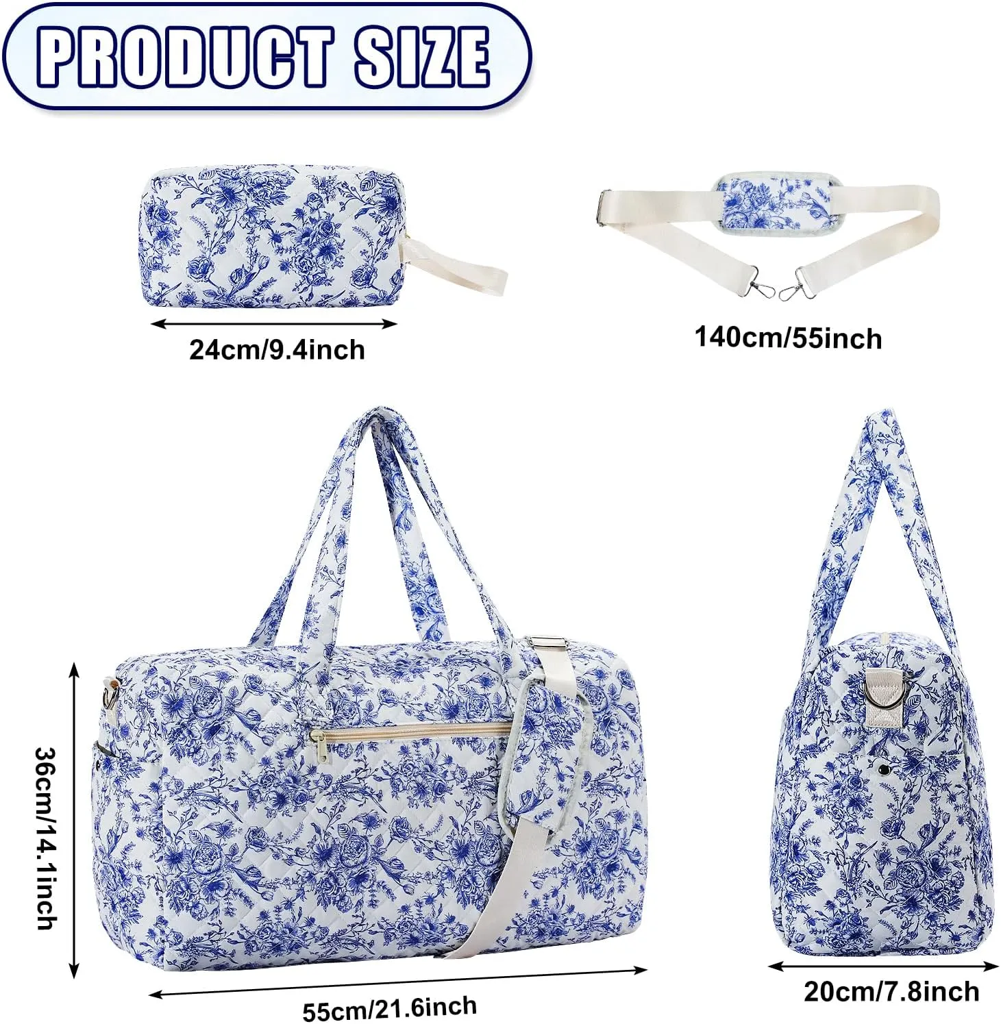 Chinoiserie Coastal grandma Quilted Duffle Bag Large blue Floral Portable Gym Lightweight Weekender Bag for Women with Makeup Pouch with Dry and Wet Separation for Women Travel Hospital