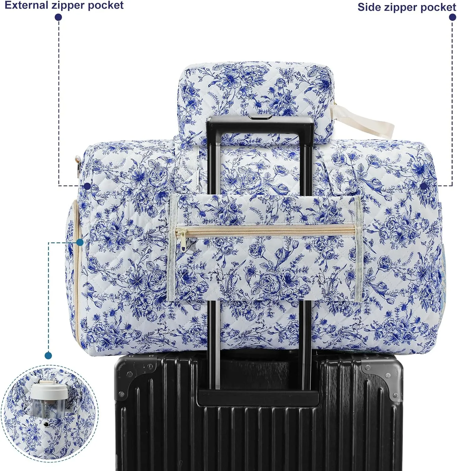 Chinoiserie Coastal grandma Quilted Duffle Bag Large blue Floral Portable Gym Lightweight Weekender Bag for Women with Makeup Pouch with Dry and Wet Separation for Women Travel Hospital