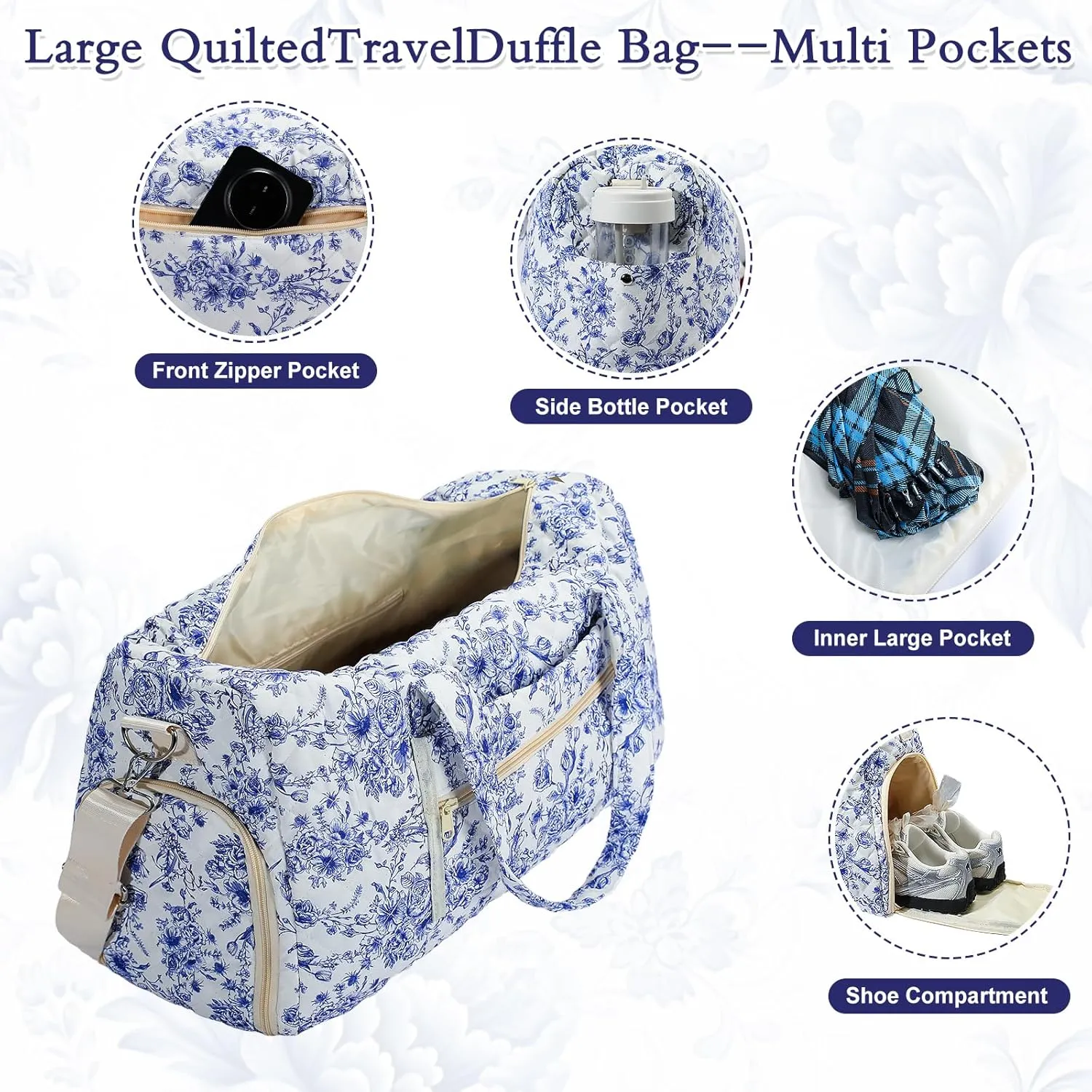 Chinoiserie Coastal grandma Quilted Duffle Bag Large blue Floral Portable Gym Lightweight Weekender Bag for Women with Makeup Pouch with Dry and Wet Separation for Women Travel Hospital