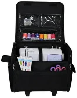 Everything Mary Collapsible Rolling Sewing Machine Tote - Premium Polyester Construction - Universal Fit - Portable with Dual Wheels and Telescoping Handle - Black
