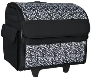 Everything Mary Collapsible Rolling Sewing Machine Tote - Premium Polyester Construction - Universal Fit - Portable with Dual Wheels and Telescoping Handle - Blue Floral