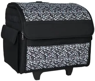 Everything Mary Collapsible Rolling Sewing Machine Tote - Premium Polyester Construction - Universal Fit - Portable with Dual Wheels and Telescoping Handle - Blue Floral
