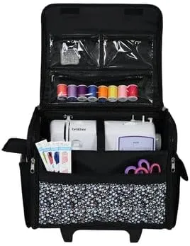Everything Mary Collapsible Rolling Sewing Machine Tote - Premium Polyester Construction - Universal Fit - Portable with Dual Wheels and Telescoping Handle - Blue Floral