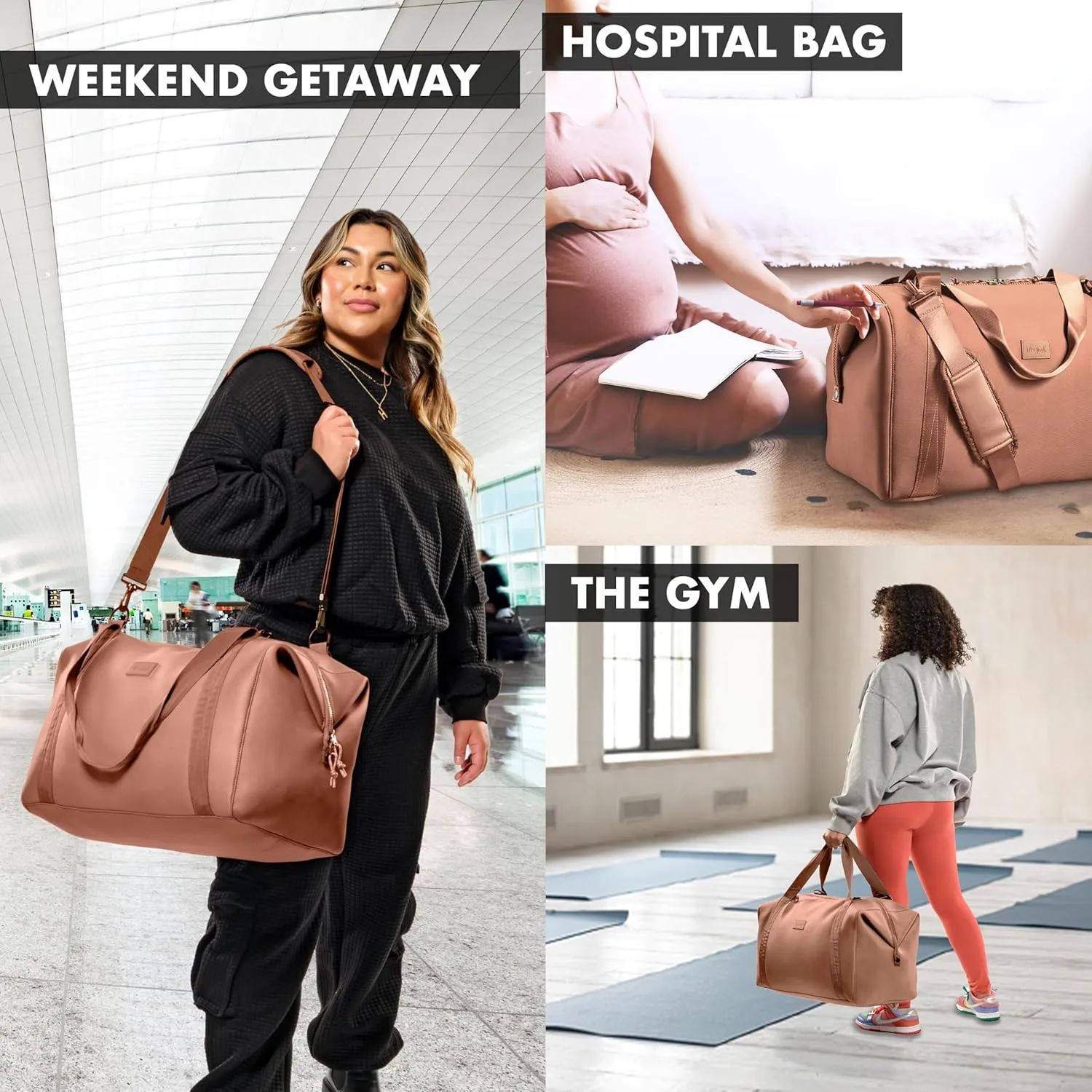 Fit & Fresh Premium Neoprene Weekender Bag With Trolley Sleeve - Large Overnight, Carry-on, Duffel, Gym, and Hospital Bag for Labor & Delivery