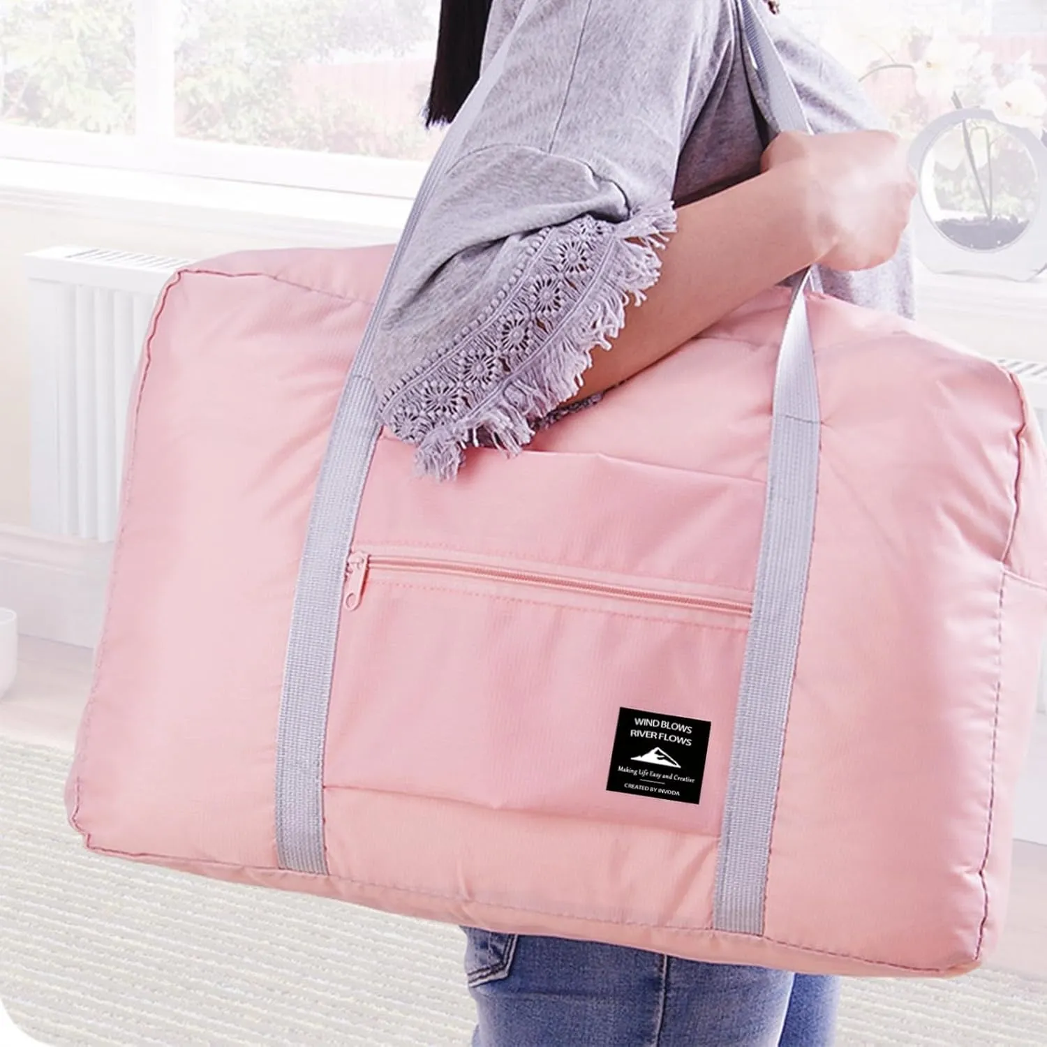 Foldable Travel Duffel Bag Tote Carry on Luggage Bag Spirit Airlines Personal item Sports Gym Bag Water Resistant Weekender Overnight Bags for Women and Men (Pink)