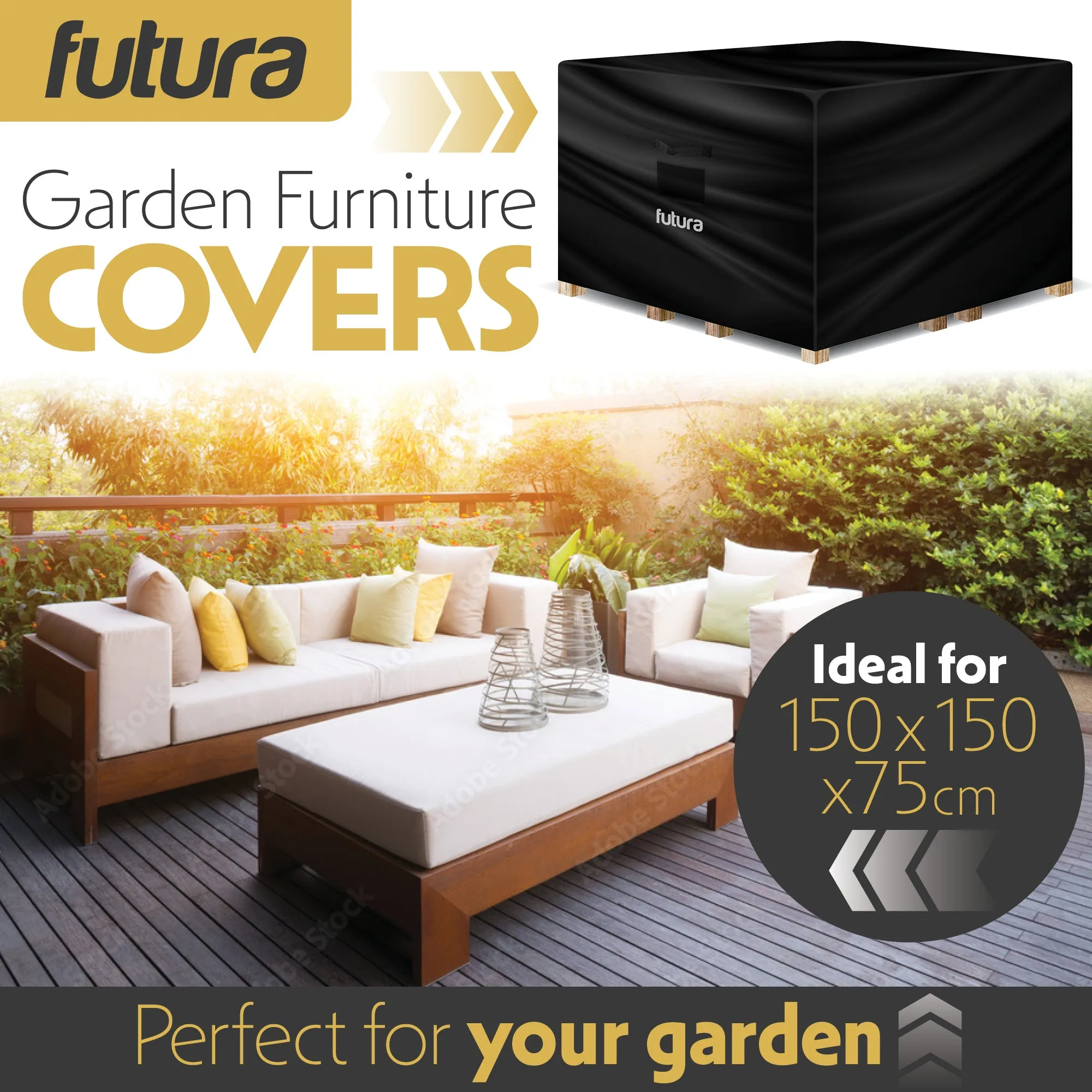 Futura Garden Furniture Cover Weatherproof 150 x 150 x 75cm Square Heavy Duty Rip Resistant Oxford Fabric