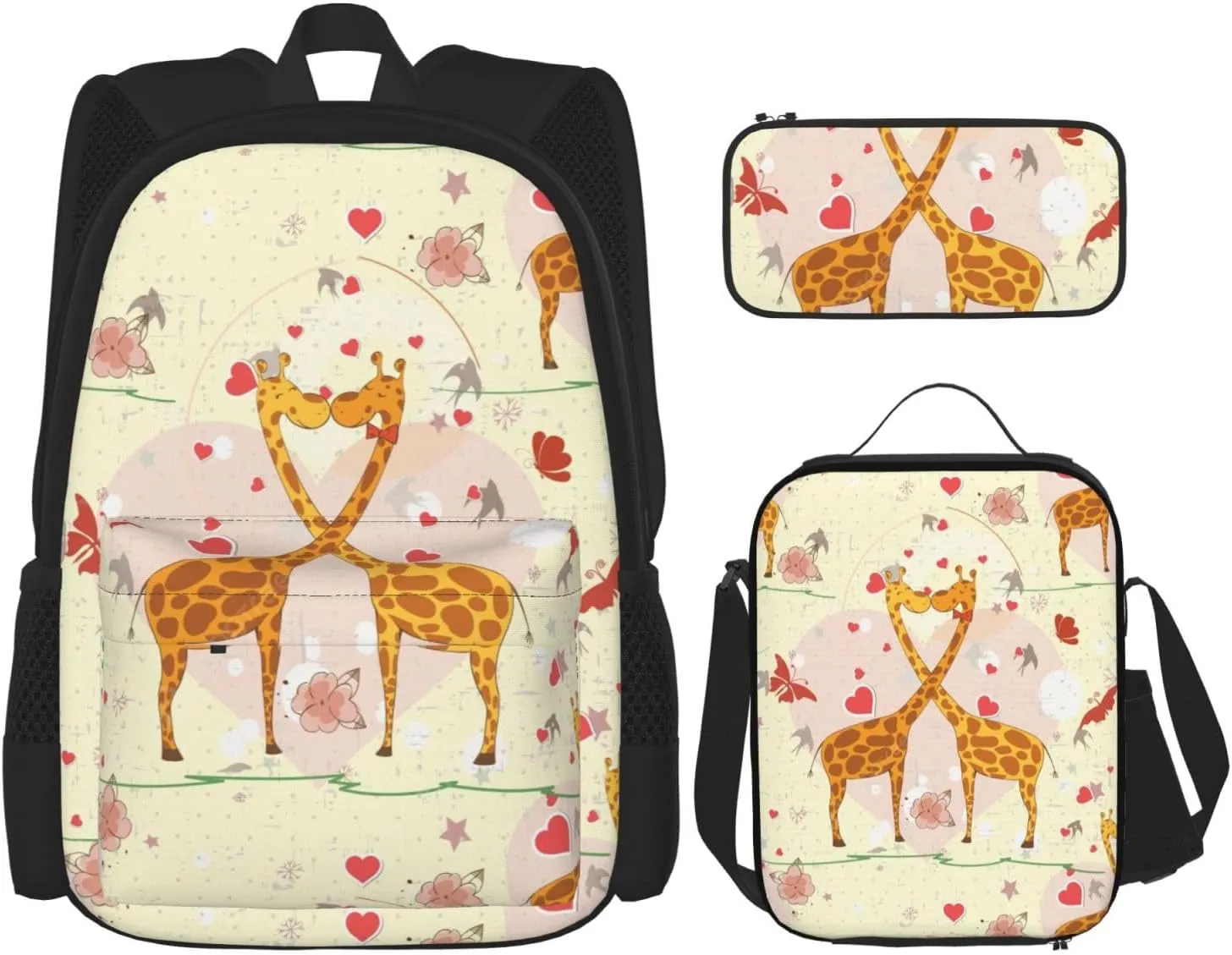 Giraffe Heart Flower Butterfly print 3-Piece Casual Backpack Set (Backpack   Waist Bag   Small Pouch), Unisex Daypack