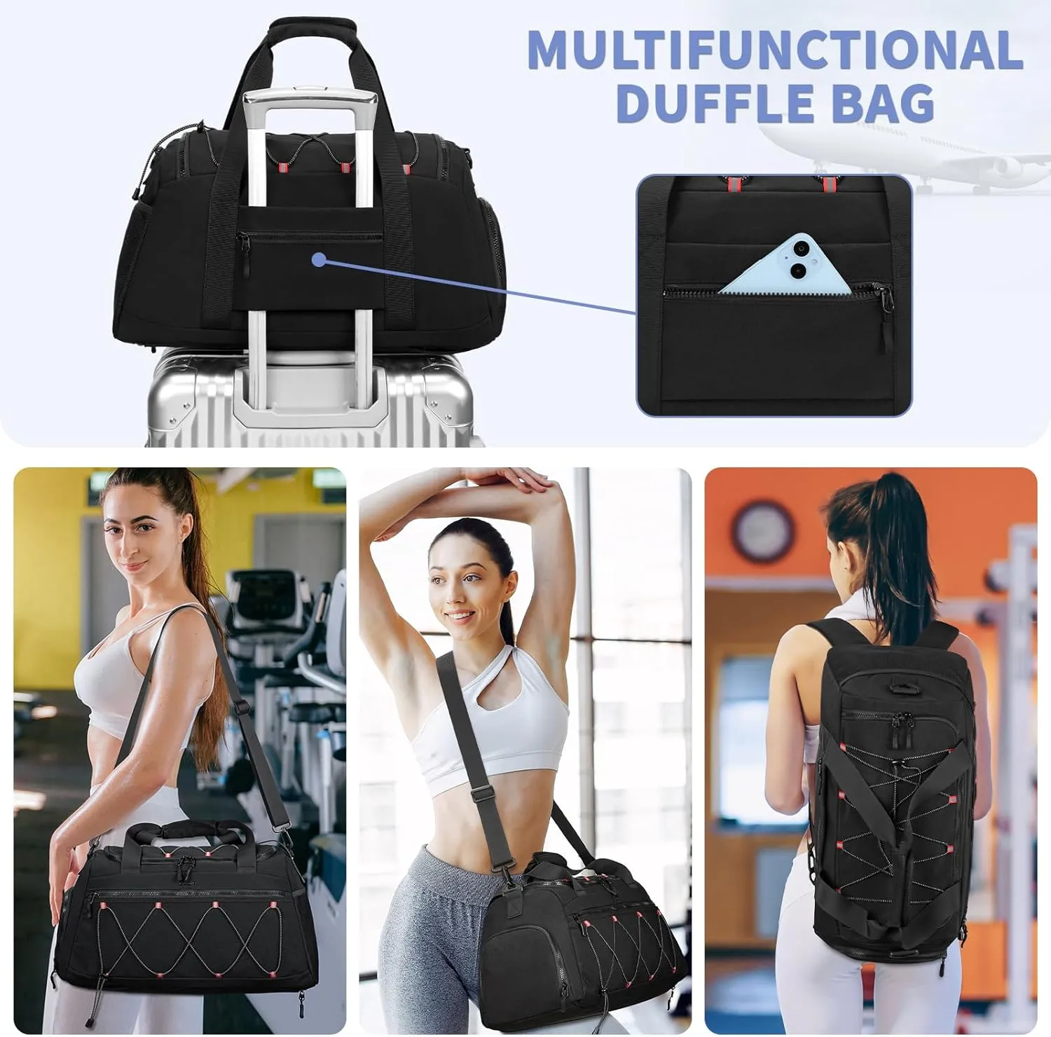 Gym Backpack for Women - 40L Duffel Bag with Shoe Compartment, Travel Weekender, Personal Item, Workout Tote Black