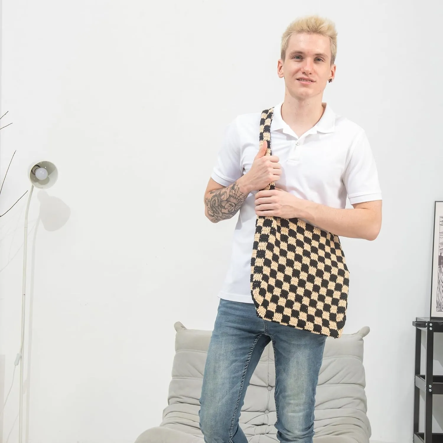 Handmade Checkered Pattern Crochet Tote Bag, Aesthetic Hobo Shoulder Crochet Beach Bag