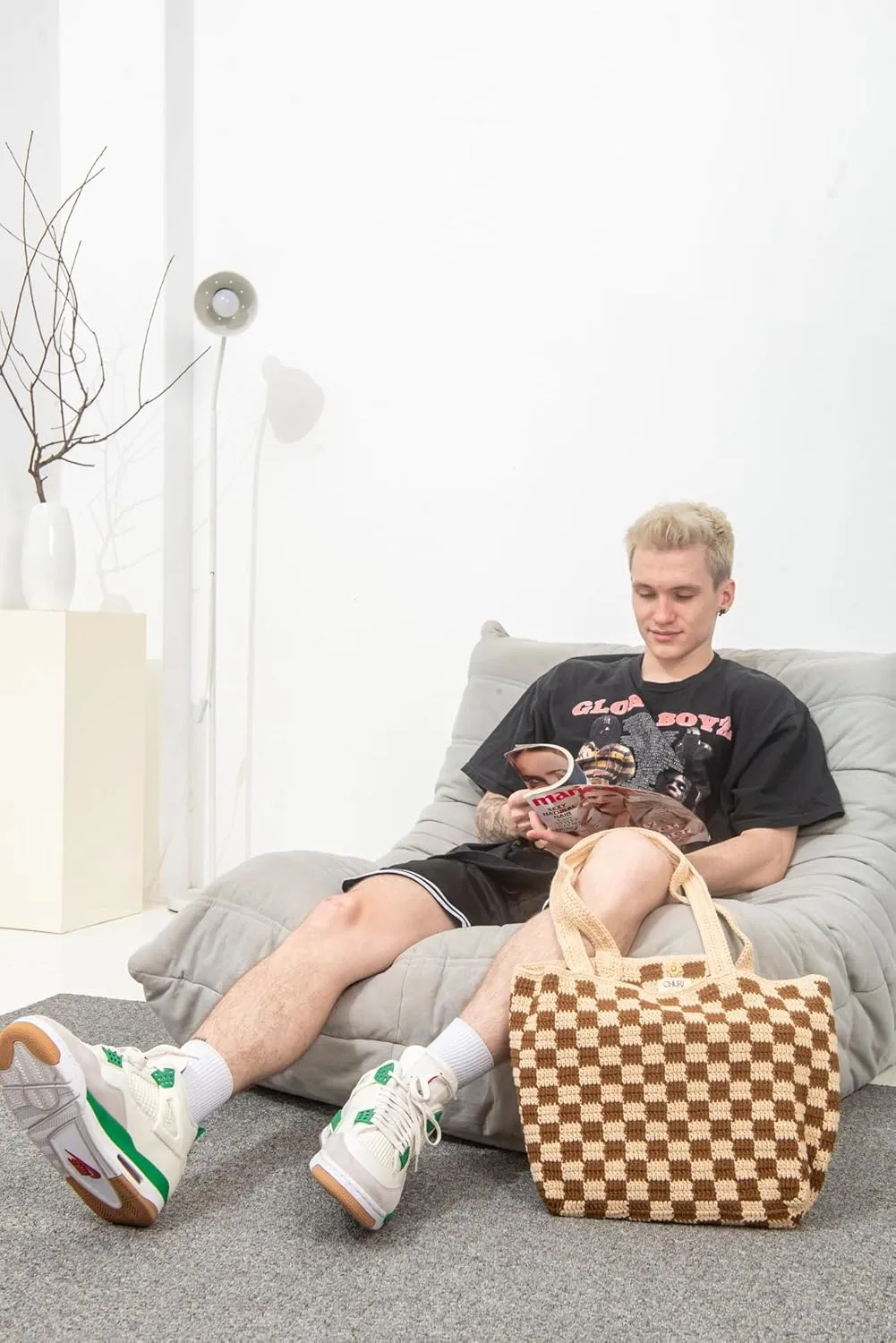 Handmade Checkered Pattern Crochet Tote Bag, Aesthetic Hobo Shoulder Crochet Beach Bag