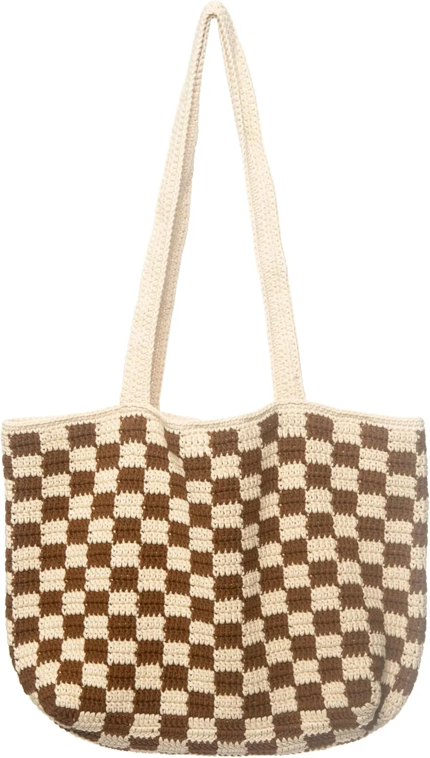 Handmade Checkered Pattern Crochet Tote Bag, Aesthetic Hobo Shoulder Crochet Beach Bag