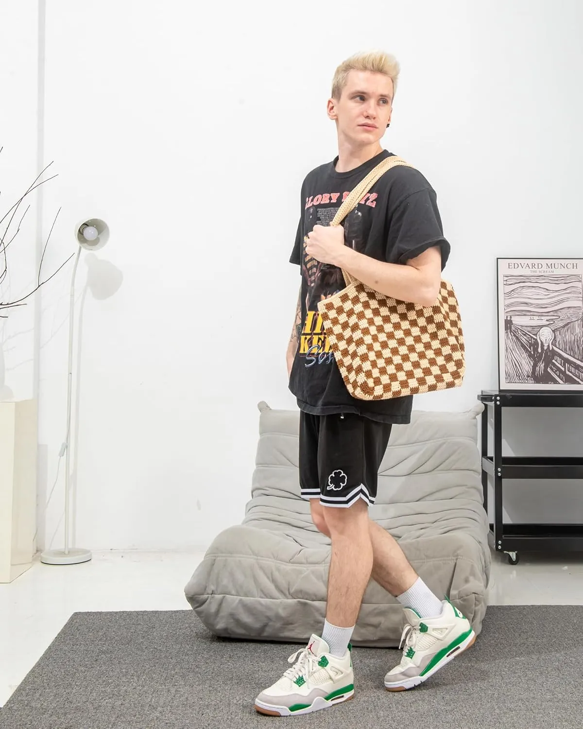 Handmade Checkered Pattern Crochet Tote Bag, Aesthetic Hobo Shoulder Crochet Beach Bag