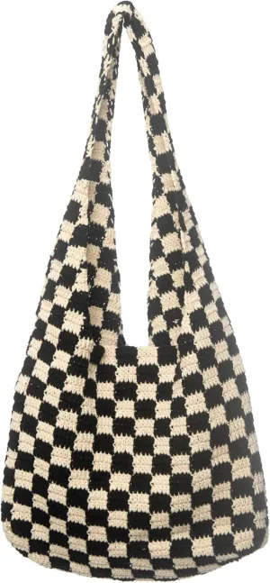 Handmade Checkered Pattern Crochet Tote Bag, Aesthetic Hobo Shoulder Crochet Beach Bag