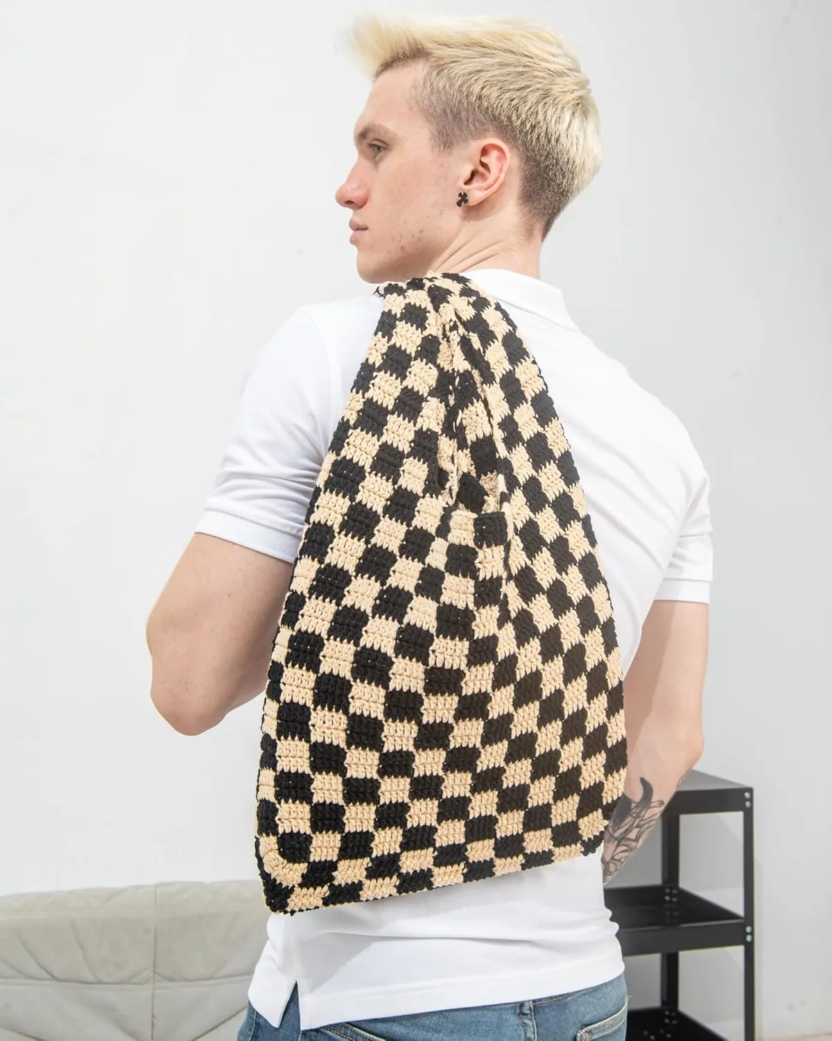 Handmade Checkered Pattern Crochet Tote Bag, Aesthetic Hobo Shoulder Crochet Beach Bag