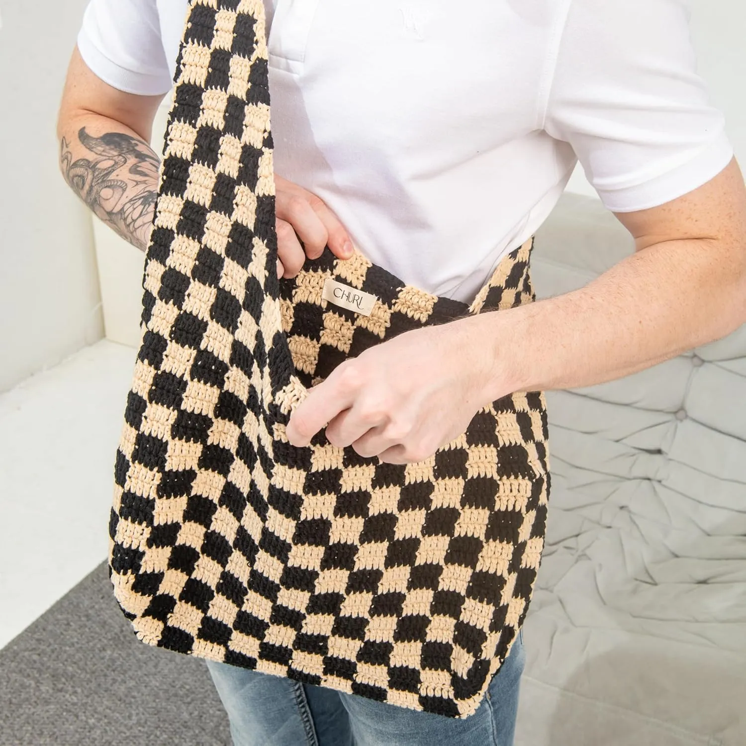 Handmade Checkered Pattern Crochet Tote Bag, Aesthetic Hobo Shoulder Crochet Beach Bag