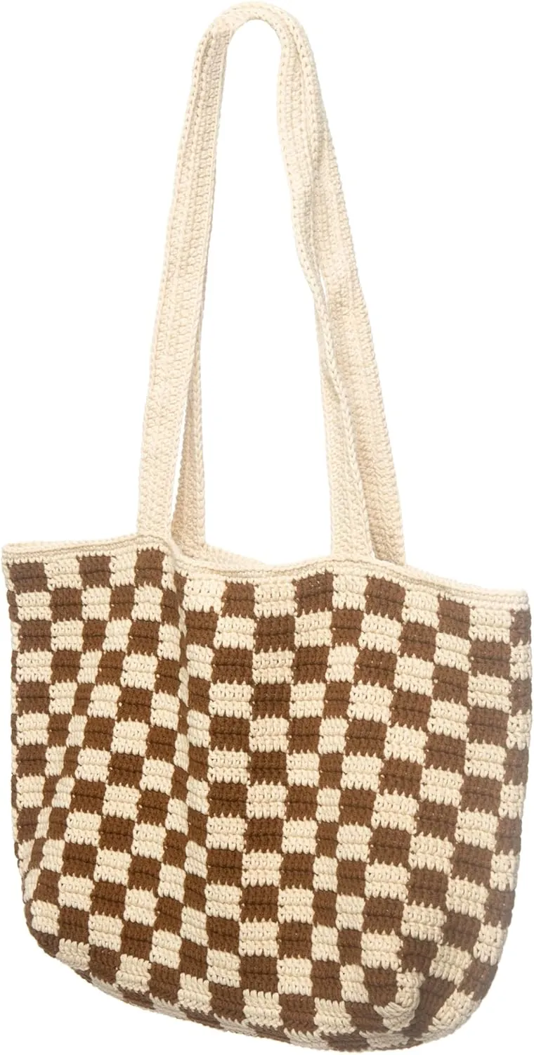 Handmade Checkered Pattern Crochet Tote Bag, Aesthetic Hobo Shoulder Crochet Beach Bag
