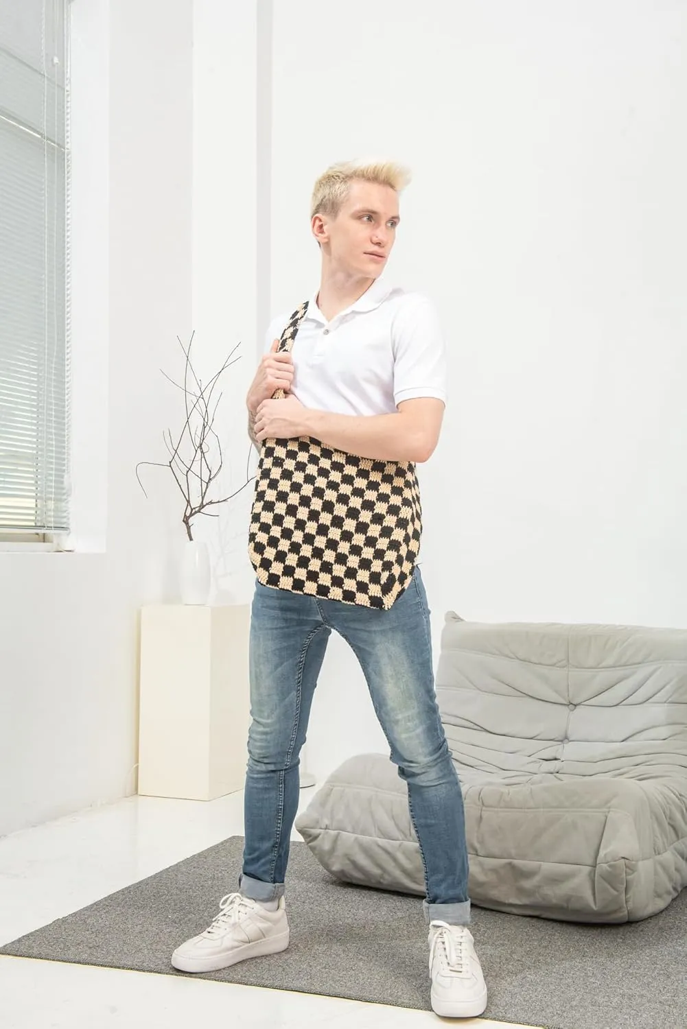 Handmade Checkered Pattern Crochet Tote Bag, Aesthetic Hobo Shoulder Crochet Beach Bag