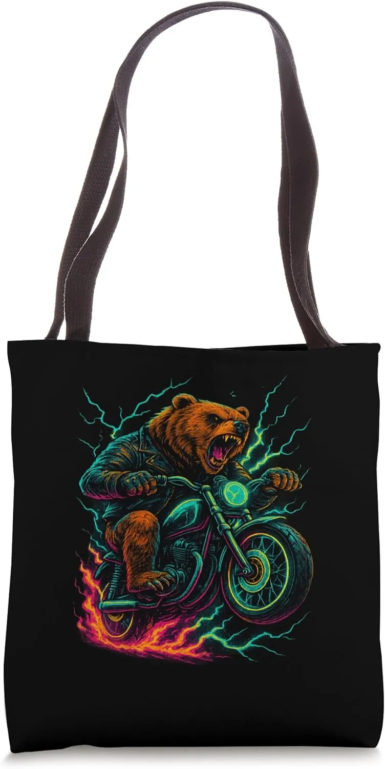 High Voltage Roaring Grizzly Bear Riding Motorcycle Tote Bag