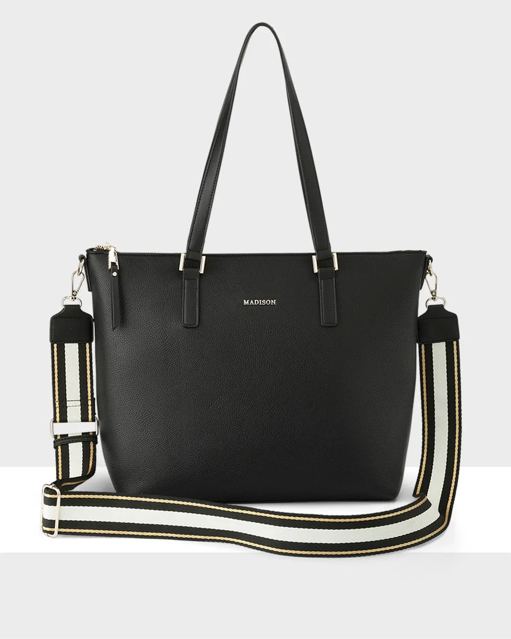 Inga Large Zip Top Tote Bag with Laptop Pocket   Metallic Stripe Bag Strap