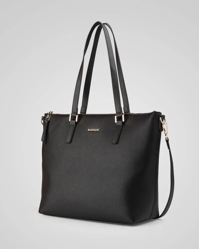 Inga Large Zip Top Tote Bag with Laptop Pocket   Metallic Stripe Bag Strap