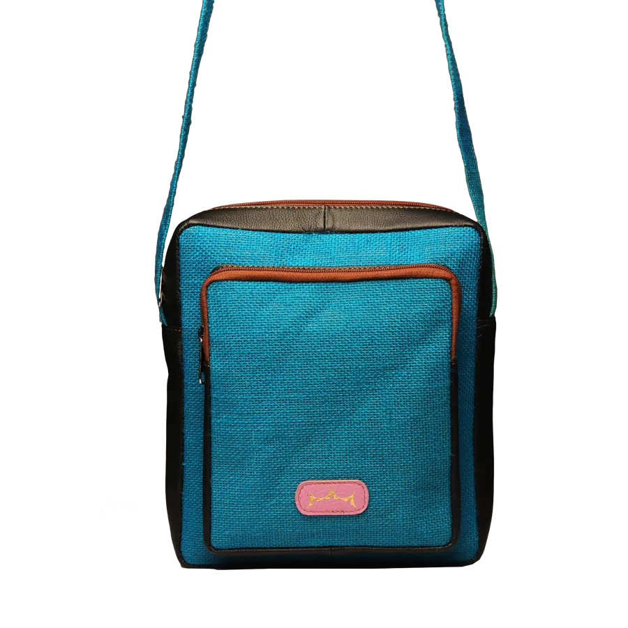 Jute Leather Messenger Crossbody Bag Blue