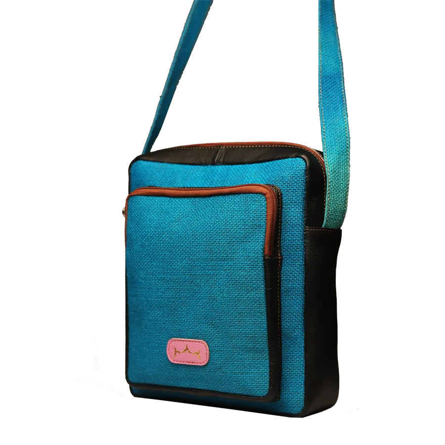Jute Leather Messenger Crossbody Bag Blue