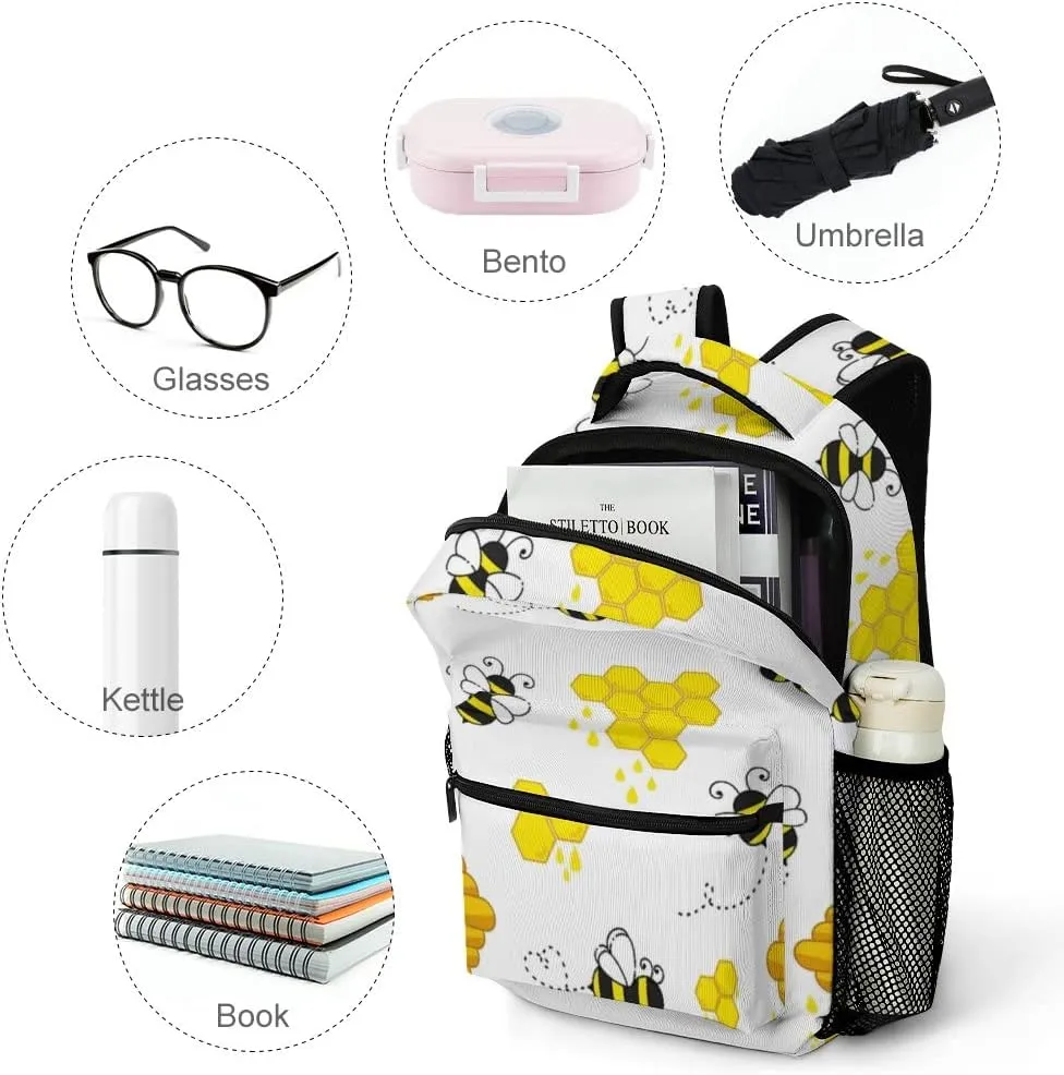 Kuizee Travel Laptop Backpack Business Daypack Work Bookbag Cute Bee Funny Beehive Yellow Durable iPad Tablet School College Book Bags Casual Bags for Men and Women