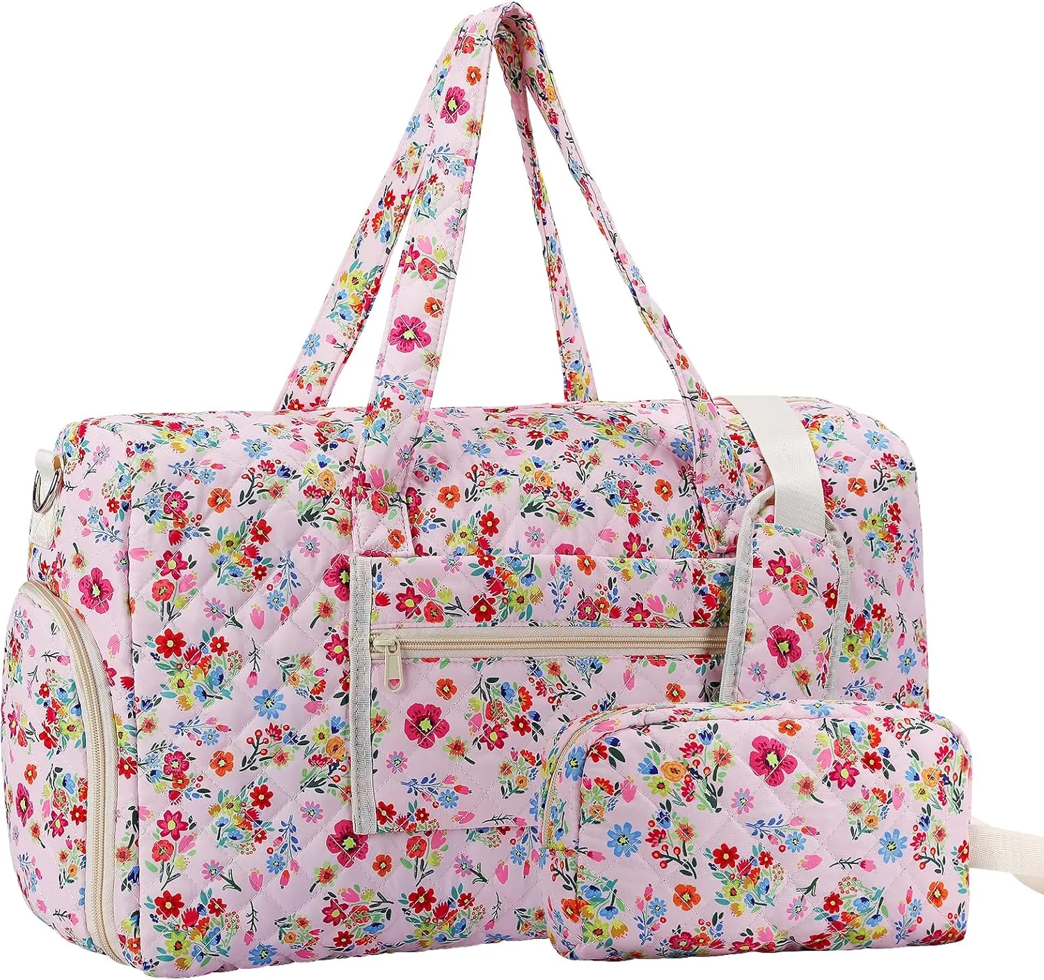 Large Floral Quilted Duffle Bag Coquette Pink Floral Portable Gym Lightweight Weekender Bag for Women with Makeup Pouch with Dry and Wet Separation for Women Travel Hospital