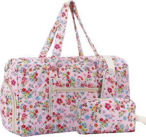 Large Floral Quilted Duffle Bag Coquette Pink Floral Portable Gym Lightweight Weekender Bag for Women with Makeup Pouch with Dry and Wet Separation for Women Travel Hospital