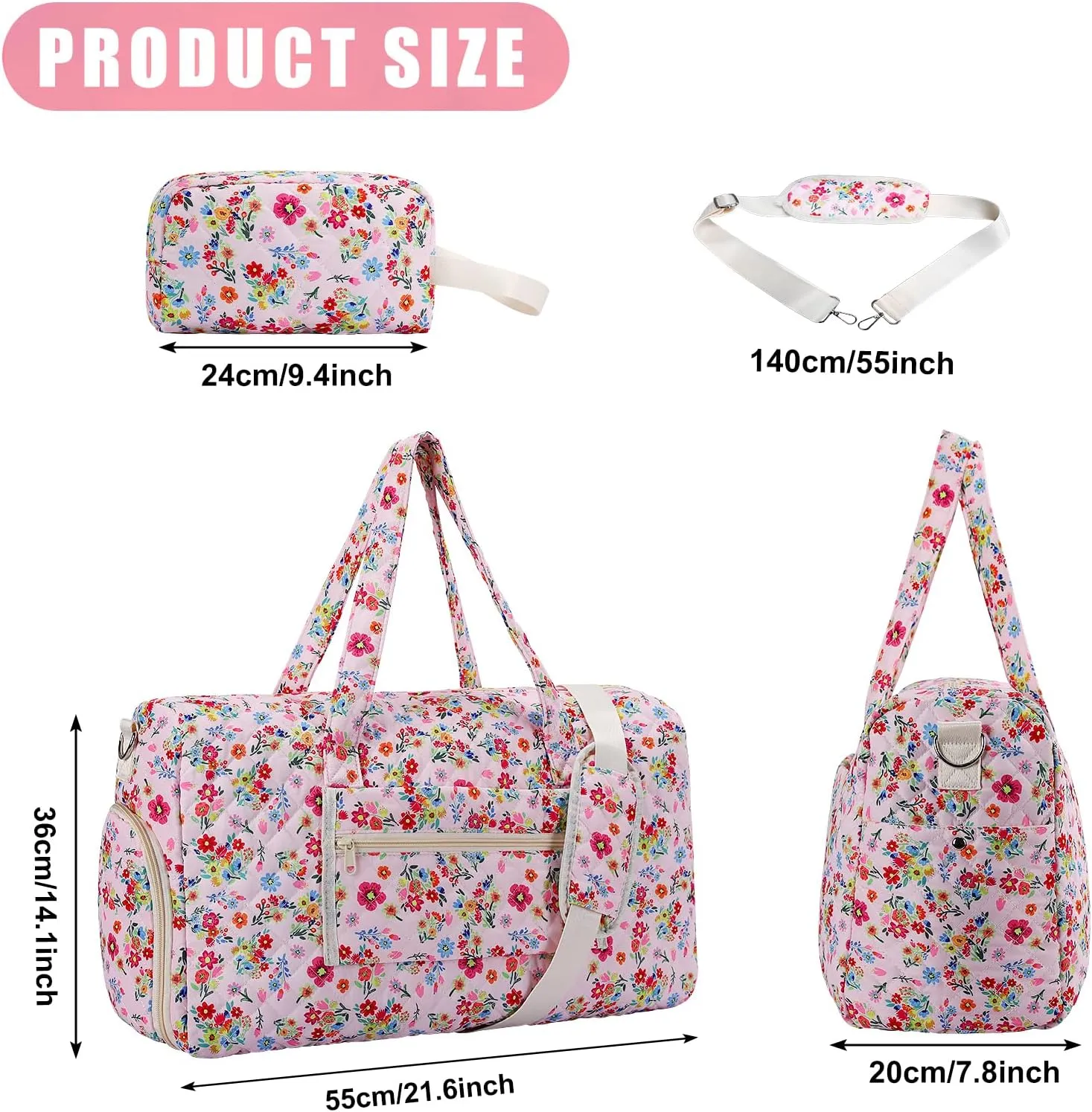 Large Floral Quilted Duffle Bag Coquette Pink Floral Portable Gym Lightweight Weekender Bag for Women with Makeup Pouch with Dry and Wet Separation for Women Travel Hospital