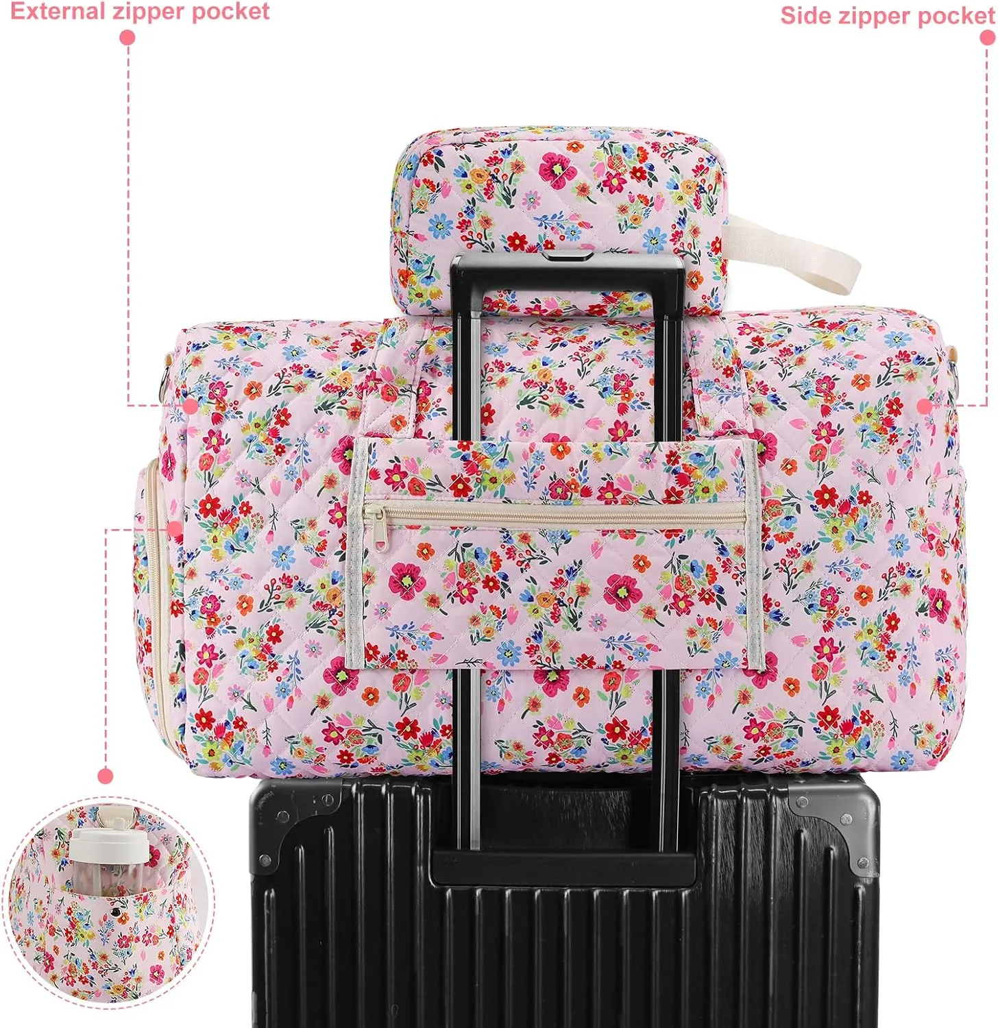 Large Floral Quilted Duffle Bag Coquette Pink Floral Portable Gym Lightweight Weekender Bag for Women with Makeup Pouch with Dry and Wet Separation for Women Travel Hospital