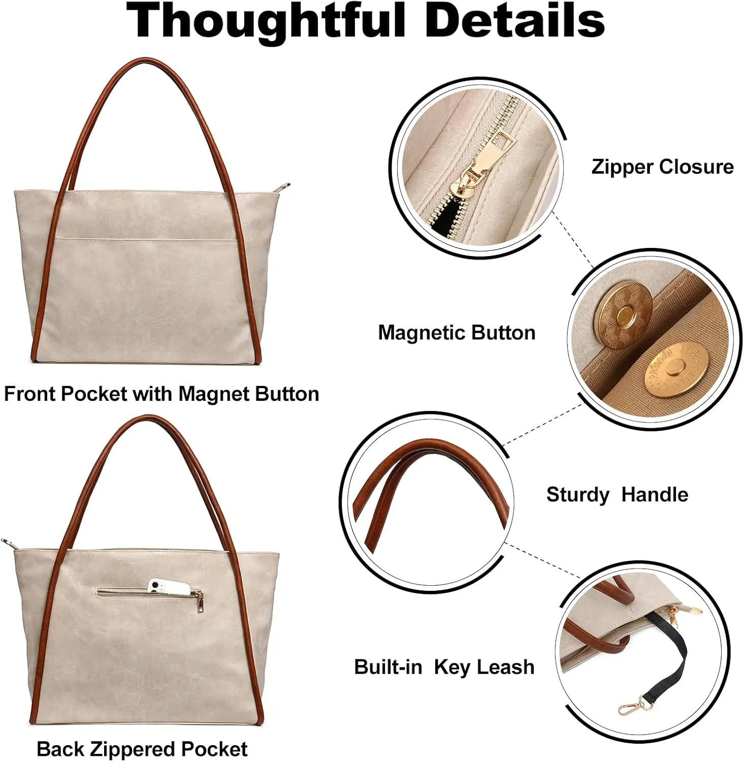 Large Tote Bag for Women Work with Zipper 16L Vegan Leather Ladies Travel Purses and Handbags