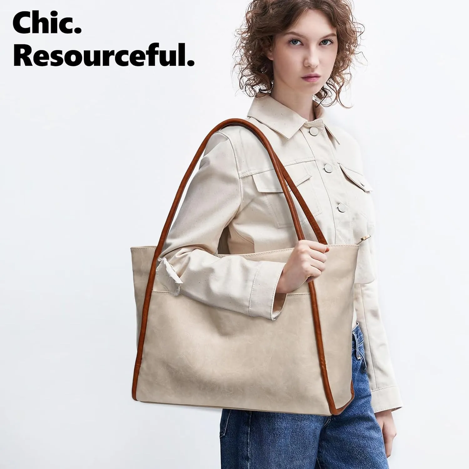 Large Tote Bag for Women Work with Zipper 16L Vegan Leather Ladies Travel Purses and Handbags