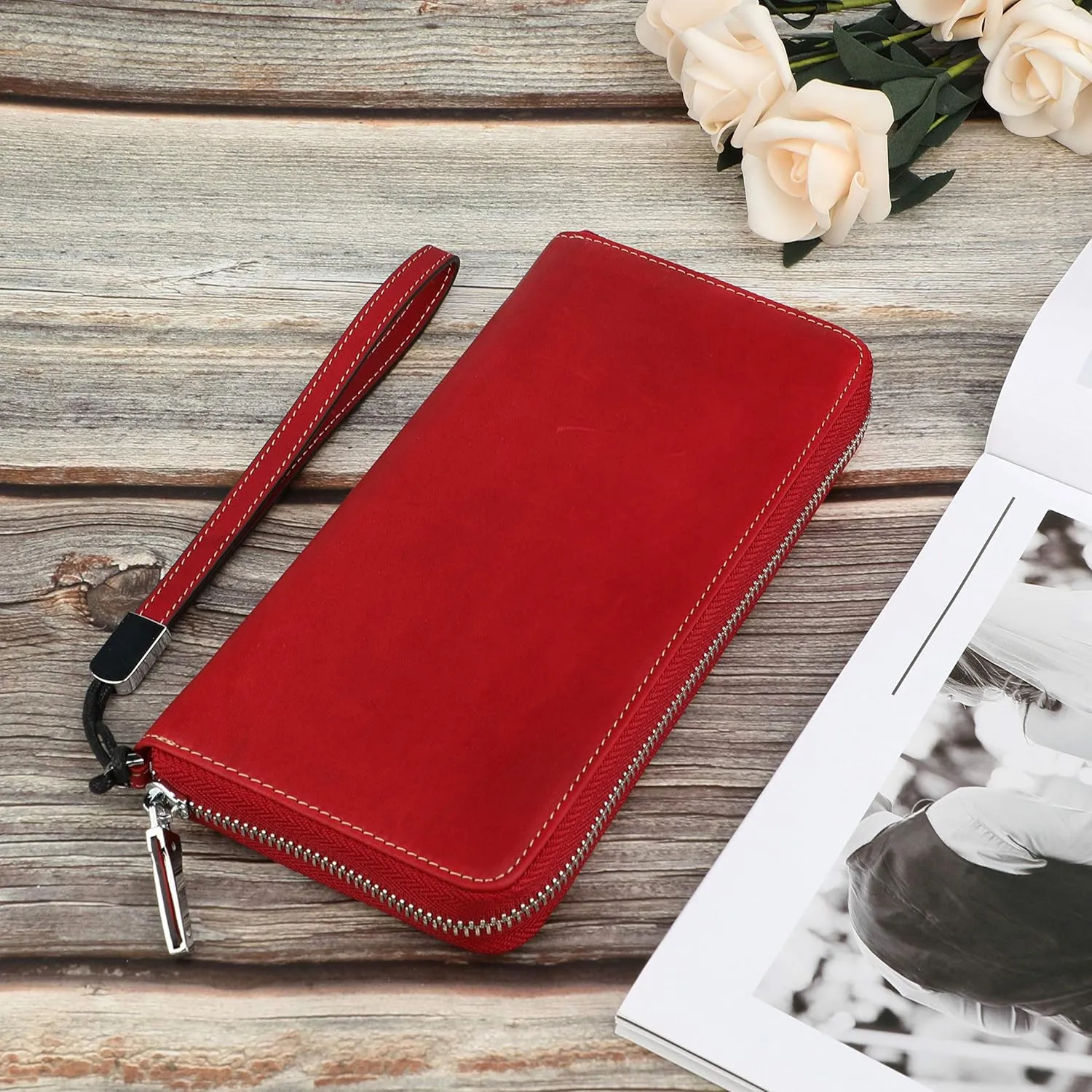 Lavemi Women's RFID Blocking 100% Leather Large Capacity Zip Around Wallet Phone Holder Clutch Travel Purse Wristlet