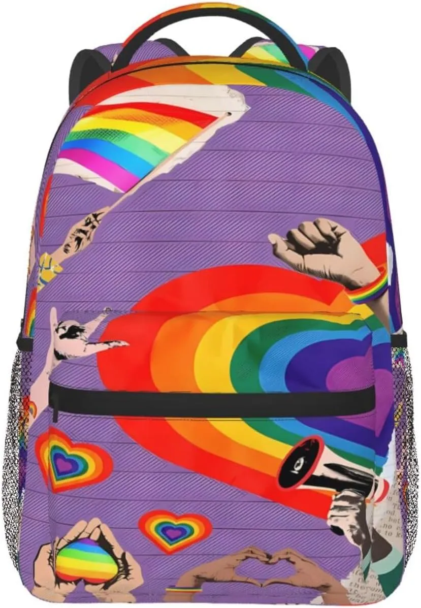 LGBT Rainbow Gay Pride Flag Hearts Love Casual Backpack Laptop Backpacks Outdoor Sports Rucksack Lightweight Daypacks Shoulder Bag with Multiple Pockets for Travel Camping Hiking